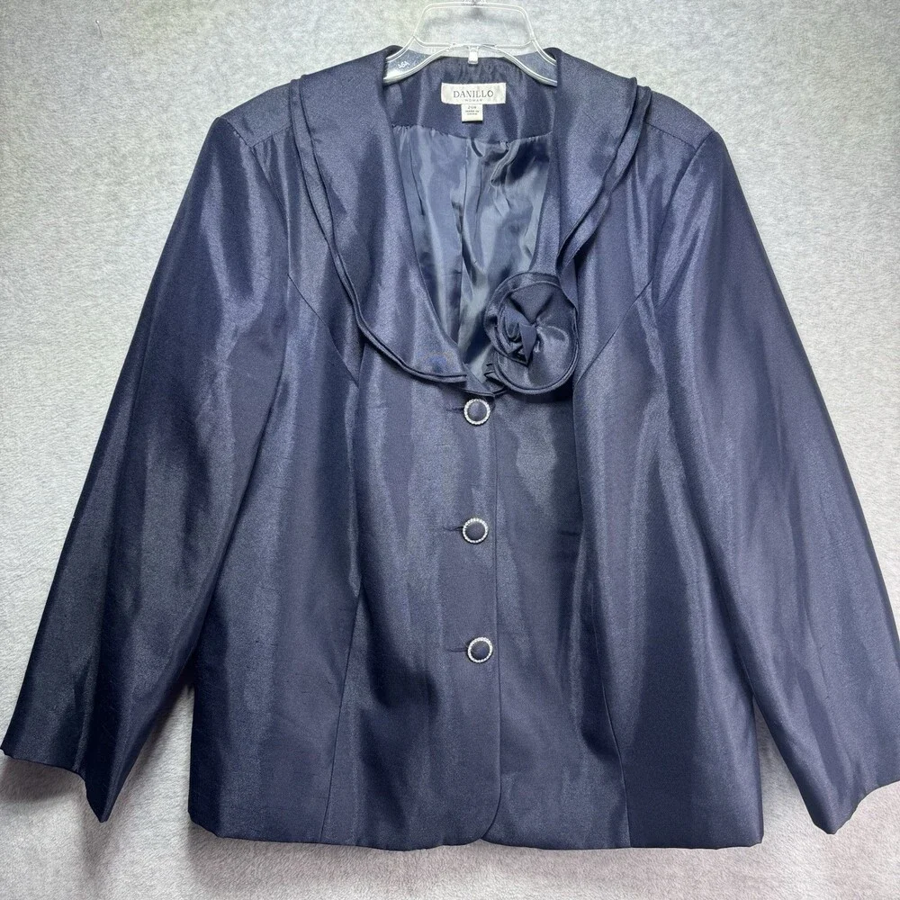 Danilo Women's 24W Blazer Jacket Silk Navy Blue Rhinestones Flower Formal $220 - Picture 1 of 6